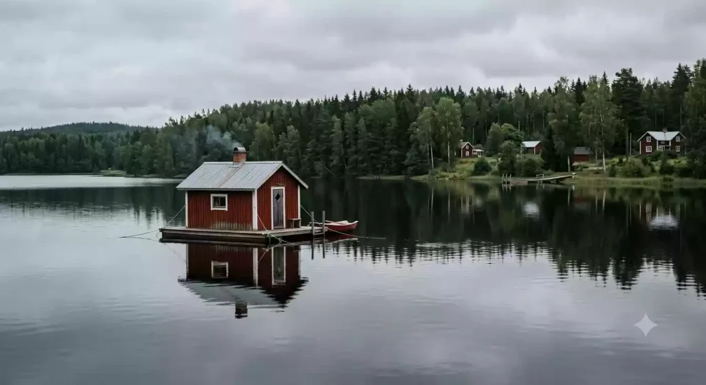 Utter Inn's red floating cottage on Lake Mälaren in Sweden