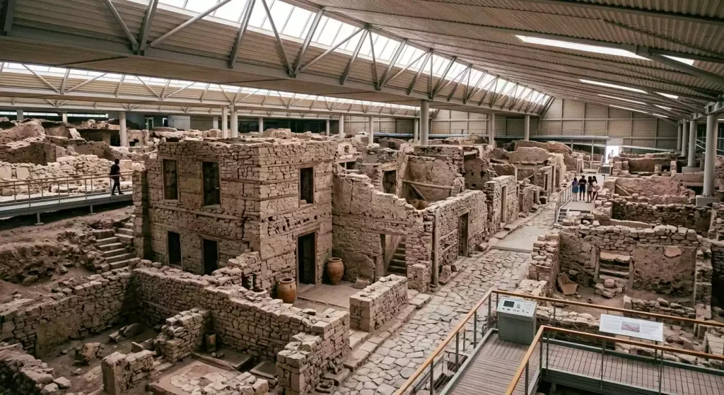 Ancient Minoan ruins at the Akrotiri archaeological site, Santorini