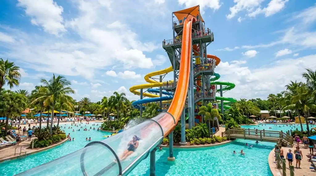 Waterpark slide tower with transparent tunnel over a lagoon at a Dubai resort