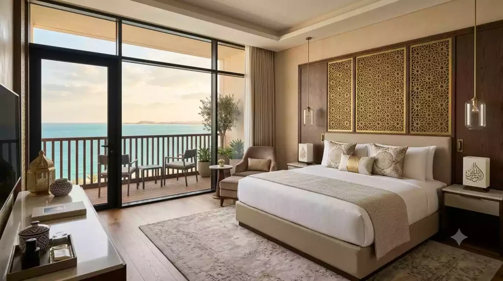 Hotel room interior with sea view balcony at Atlantis The Palm Dubai