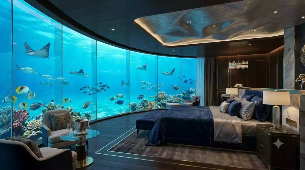 Underwater suite bedroom with glass wall view into a marine lagoon