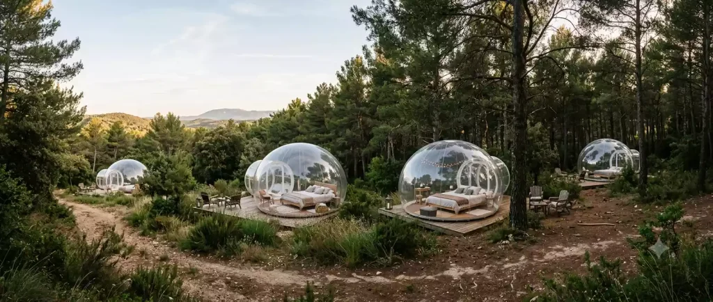 Private forest clearing setting at Attrap'Rêves bubble hotel