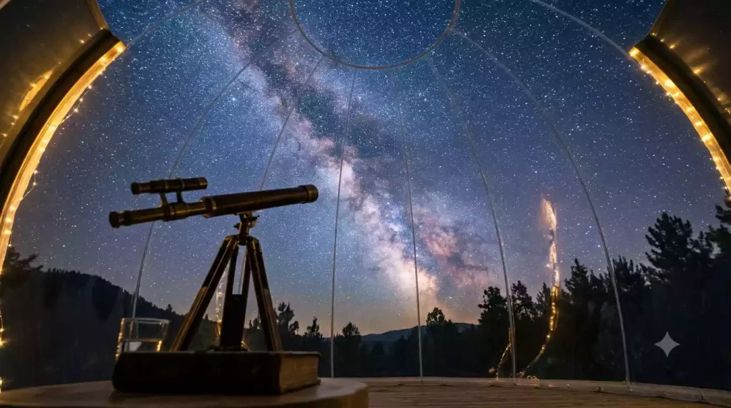 Stargazing through the transparent ceiling at Attrap'Rêves bubble hotel