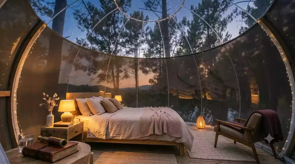 Glamour Bubble interior at Attrap'Rêves with tinted privacy walls