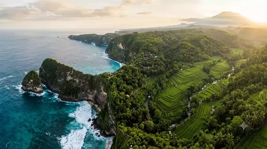Aerial overview of Bali's luxury hotel regions, coast and jungle
