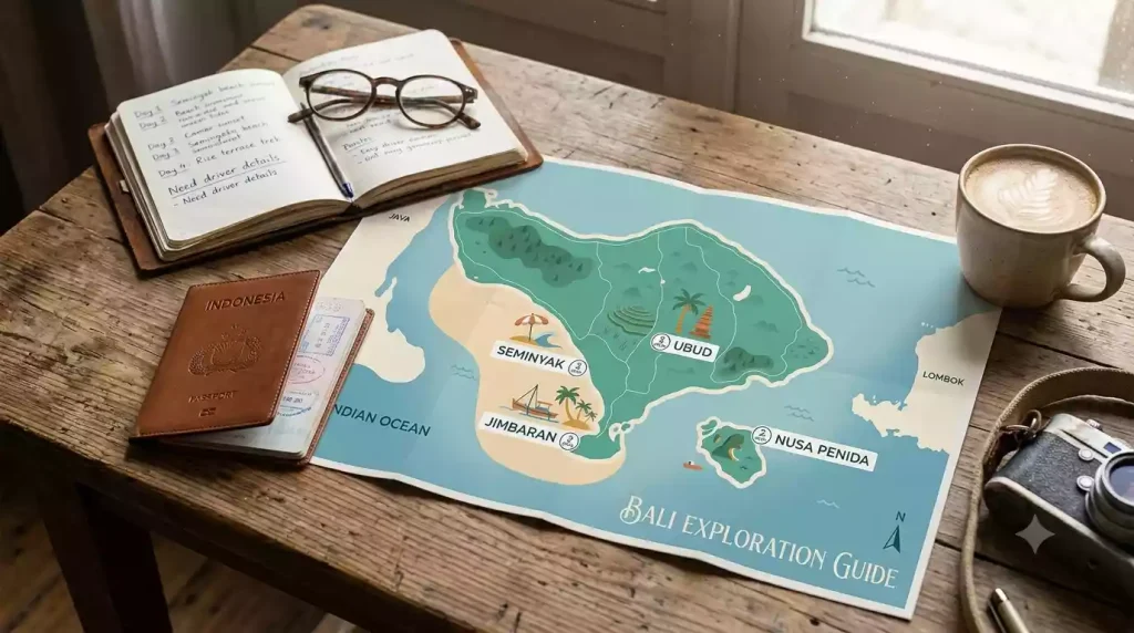 Planning a Bali trip itinerary with map and notes