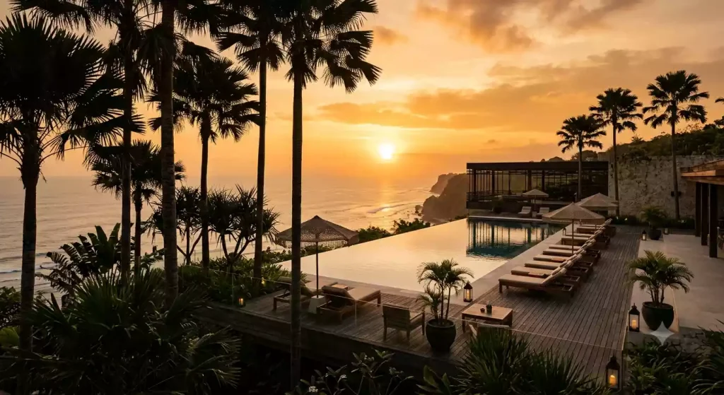Luxury villa terrace at sunset, Bali