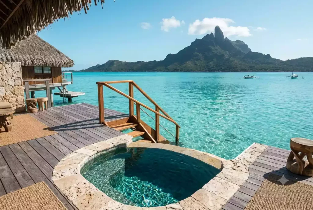 Overwater bungalow deck with private plunge pool in Bora Bora