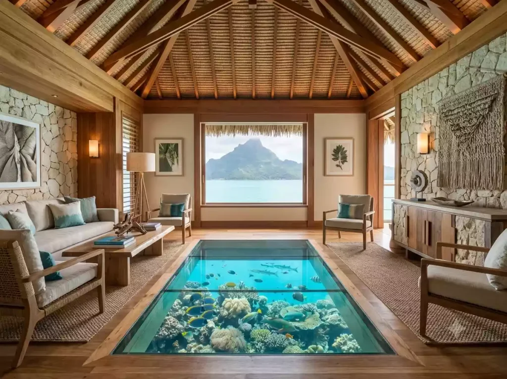 Glass floor panel revealing coral reef inside a Bora Bora overwater bungalow