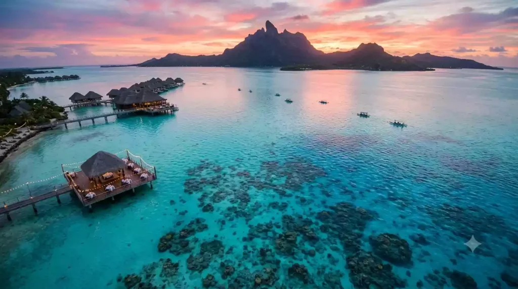 Aerial parasailing view over Bora Bora's lagoon and coral reef