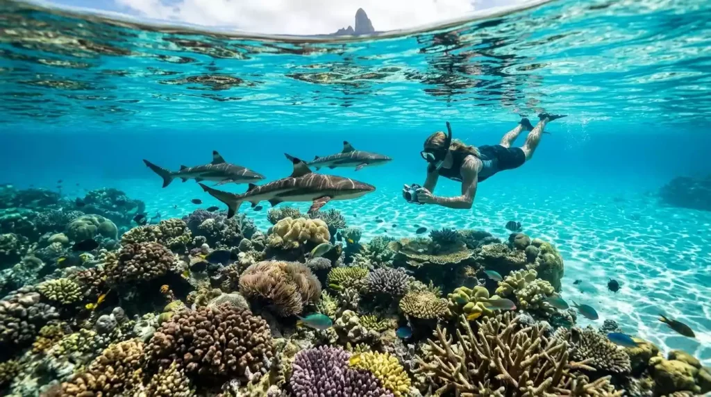 Snorkeler swimming with blacktip reef sharks in Bora Bora's lagoon