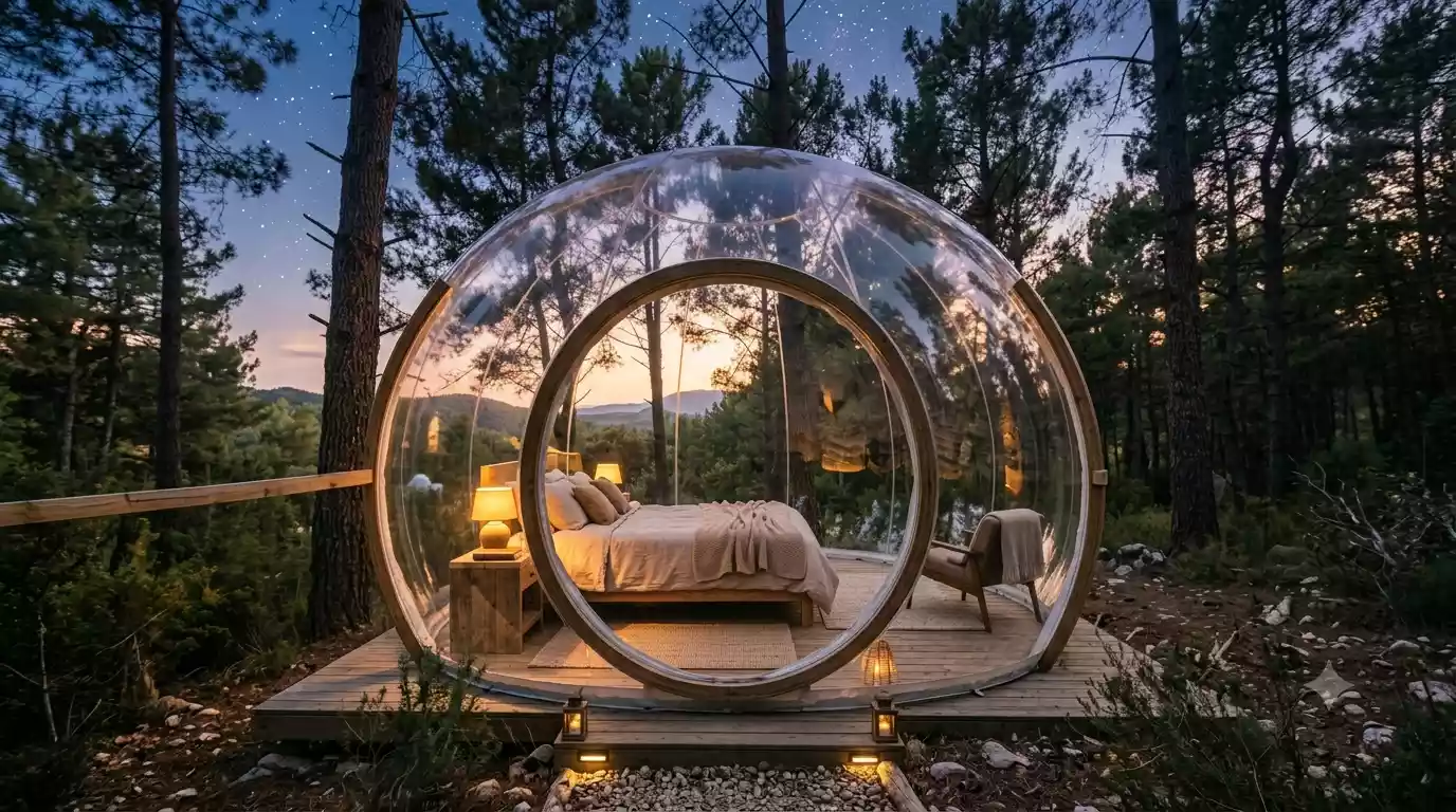 A transparent bubble hotel room at dusk in Provence, France