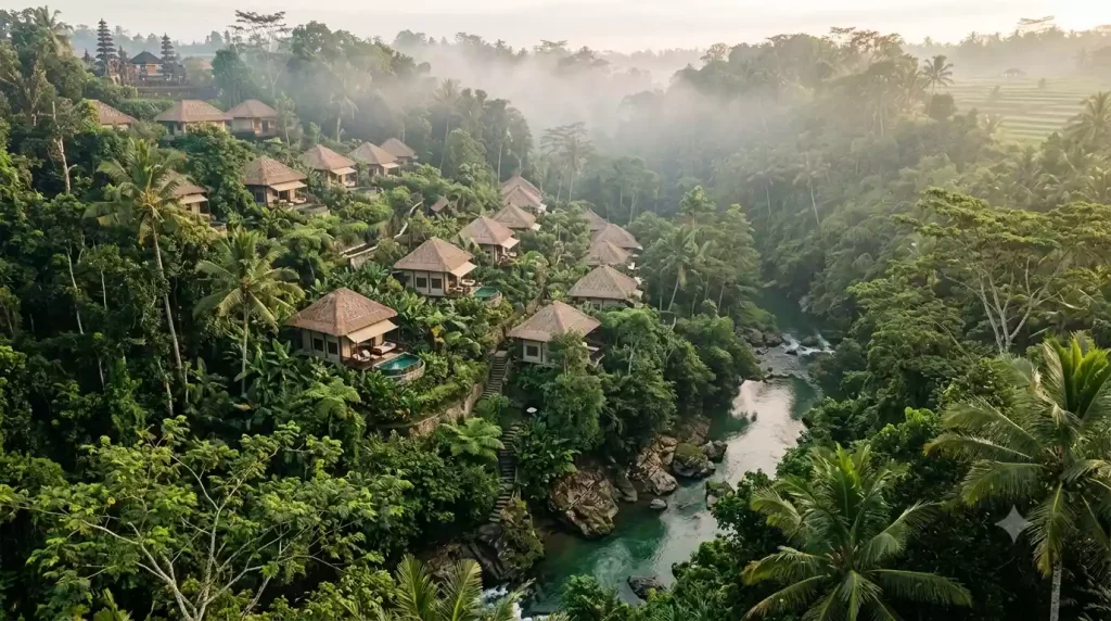 Aerial view of Capella Ubud's tented camp cascading down a Bali jungle ravine
