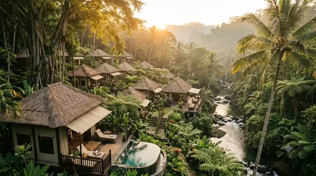 Capella Ubud's jungle tented camp at golden hour