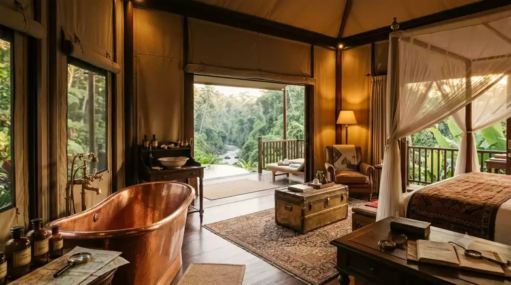 Bill Bensley-designed jungle tent interior at Capella Ubud