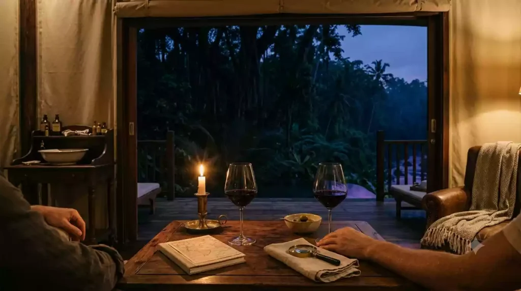 Romantic terrace setting at Capella Ubud during dusk