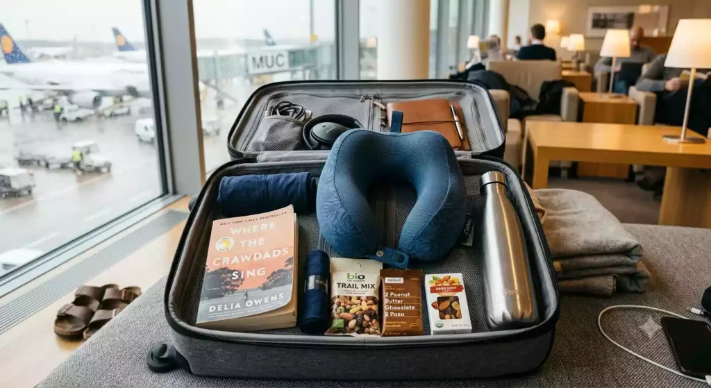 Carry-on bag packed with travel essentials
