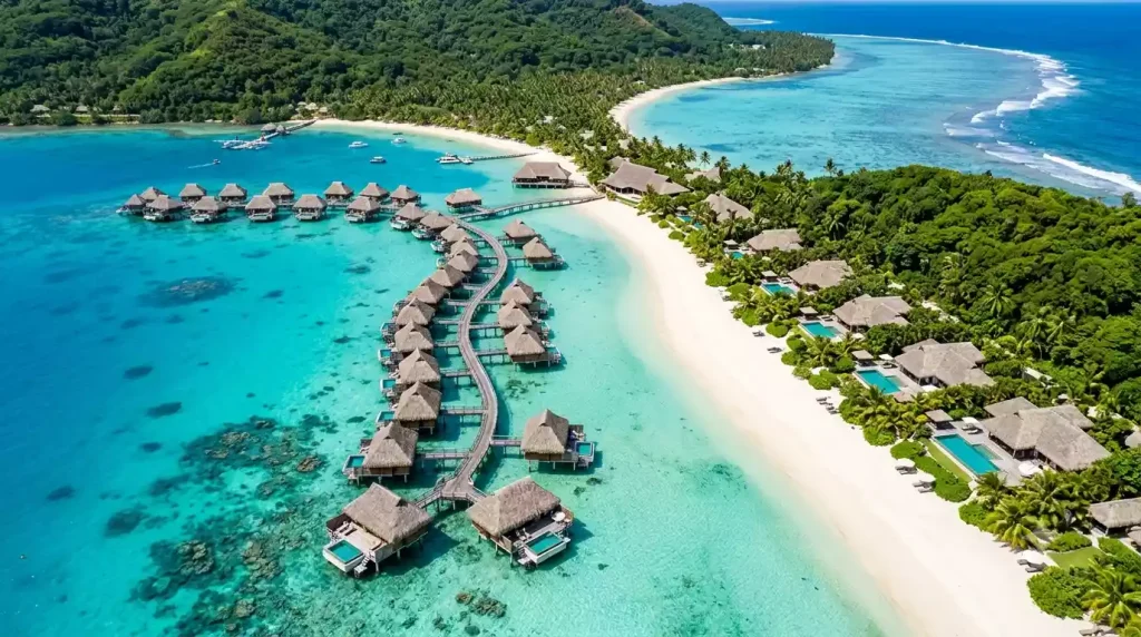 Resort showing overwater bures and beachfront villas together on a Fiji lagoon