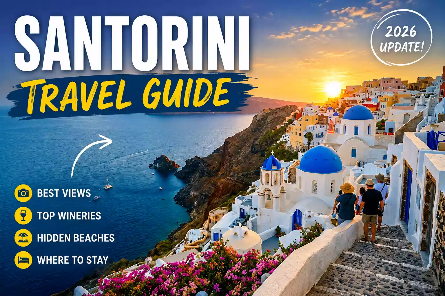 Santorini travel guide — caldera view over the Aegean Sea at sunset