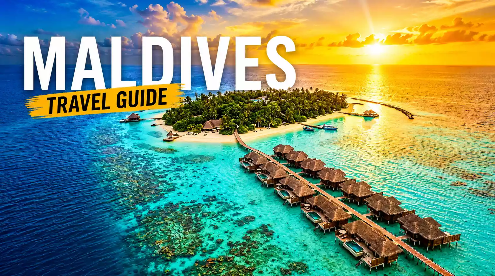Aerial view of Maldives coral atoll formation with turquoise lagoon surrounded by deep blue Indian Ocean