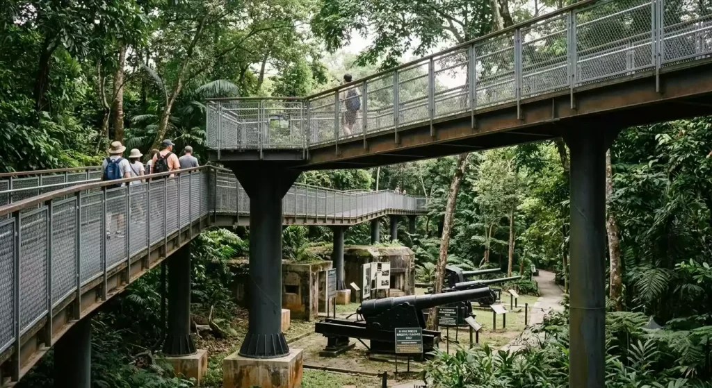 The Fort Siloso Skywalk through the rainforest canopy at Sentosa