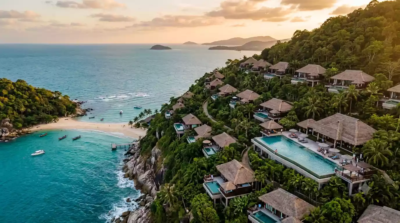 Aerial view of Four Seasons Resort Koh Samui's cliffside villas overlooking the sea