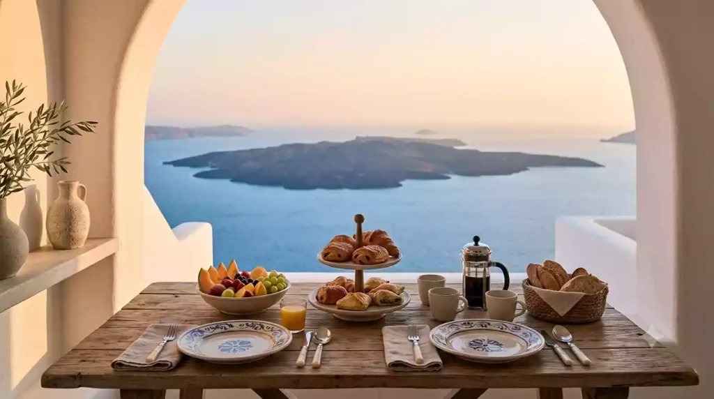 Breakfast on the caldera-view terrace at Grace Hotel Santorini