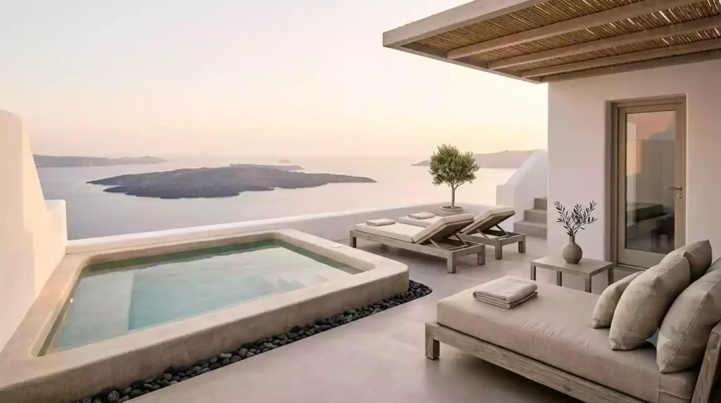 Grace Hotel Santorini suite terrace with private plunge pool