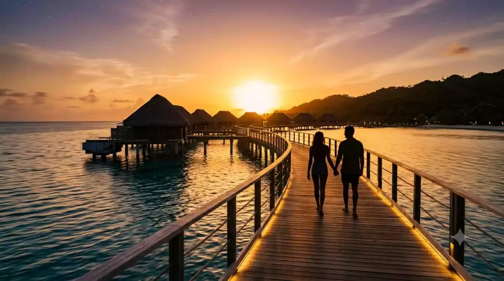 honeymoon-couple-boardwalk-overwater-bungalow-sunset