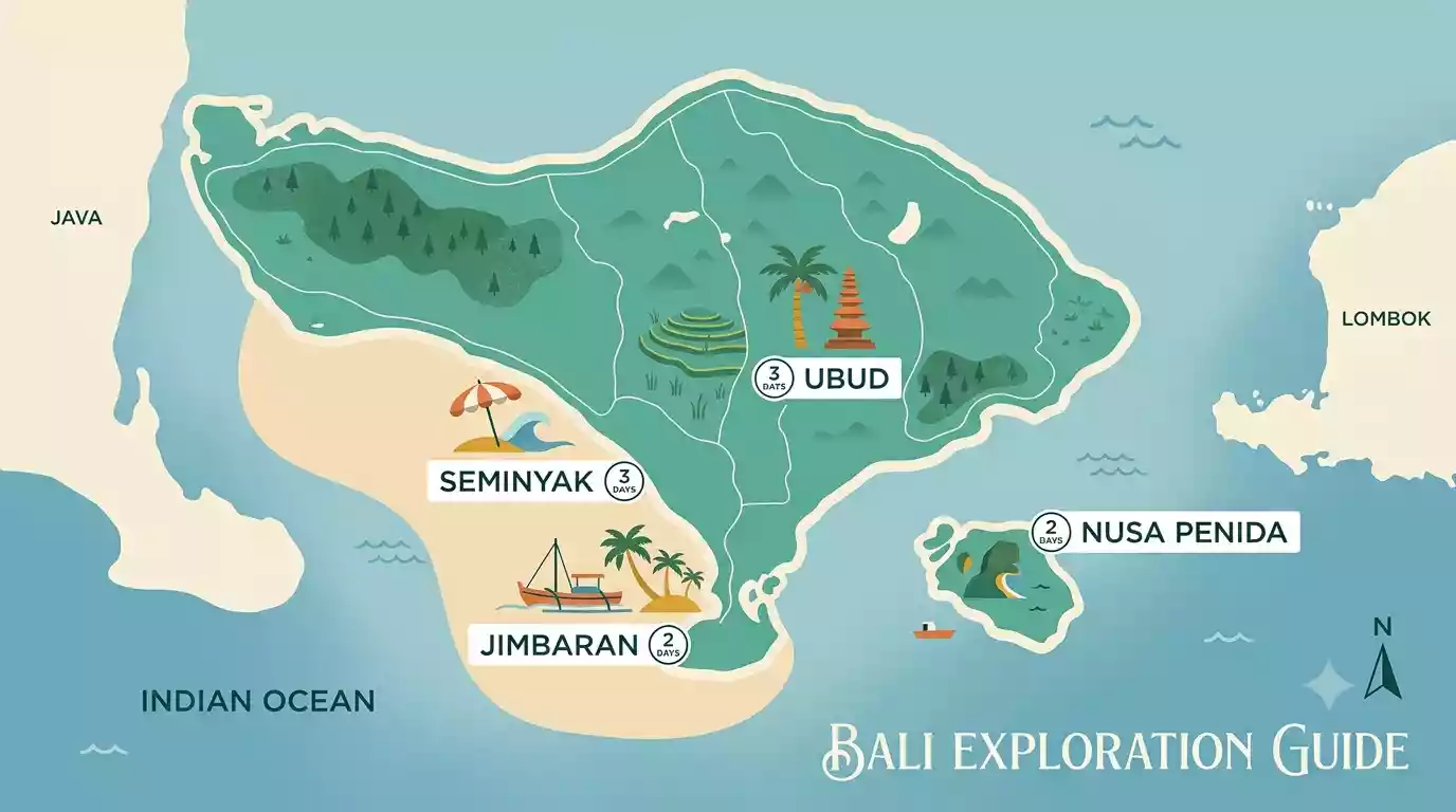 Map showing how many days to spend in each Bali region