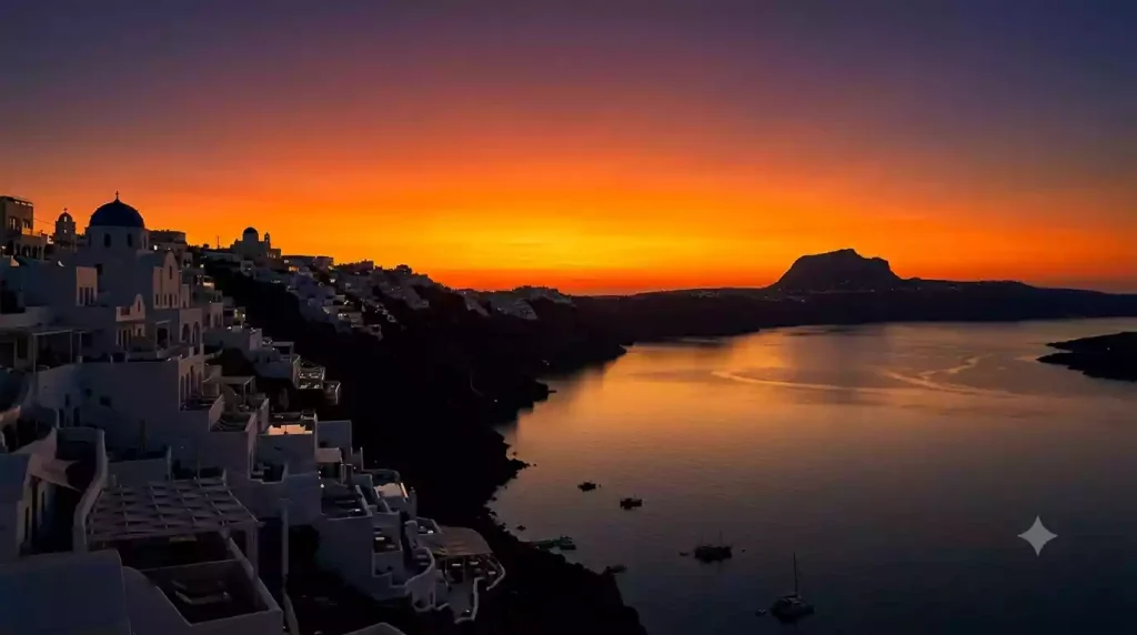 Imerovigli's caldera-edge hotels at sunset, Santorini