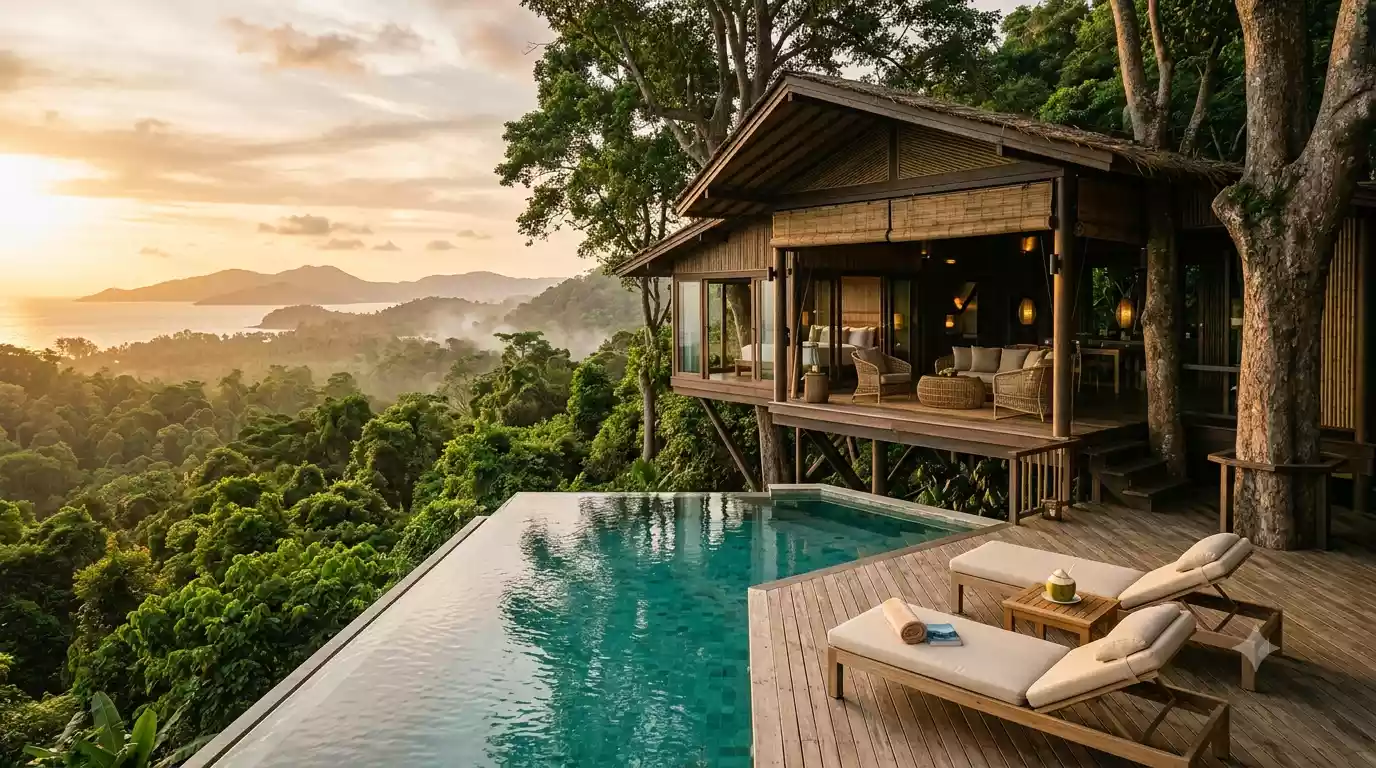 Keemala Phuket's signature Tree Pool House suspended above the rainforest