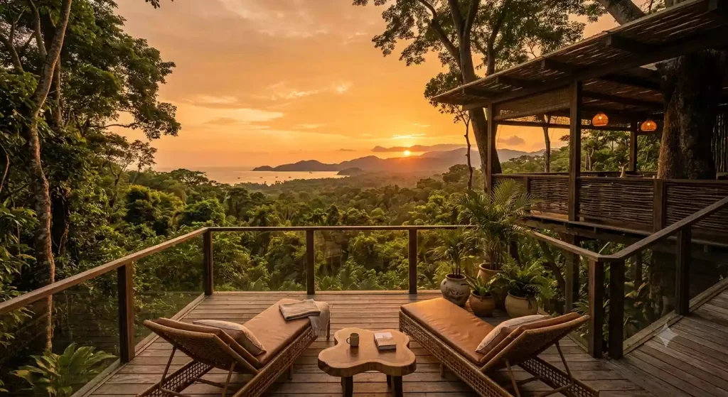 Keemala Phuket treehouse villa terrace at sunset