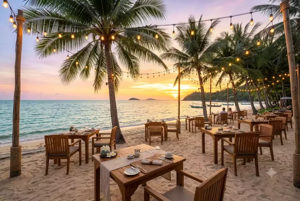 Beachfront dining setup at a luxury Koh Samui resort during sunset