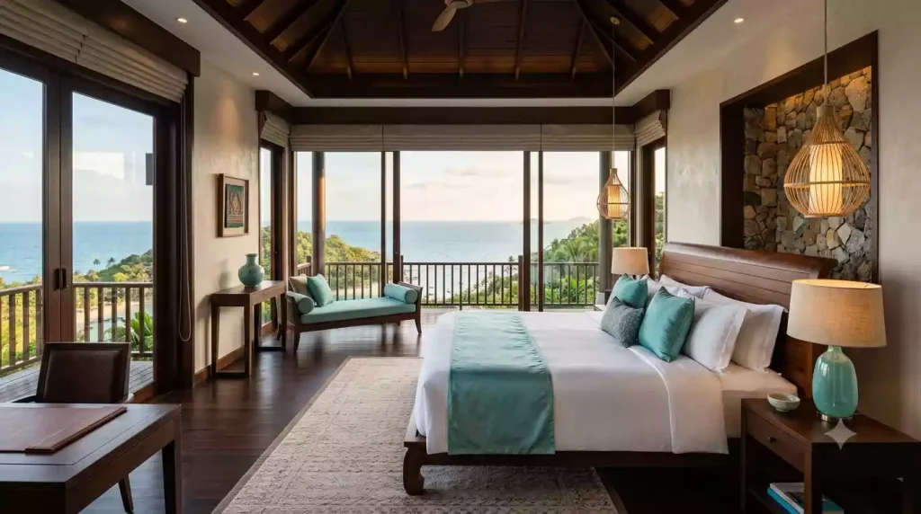 Thai-inspired luxury villa bedroom interior in Koh Samui