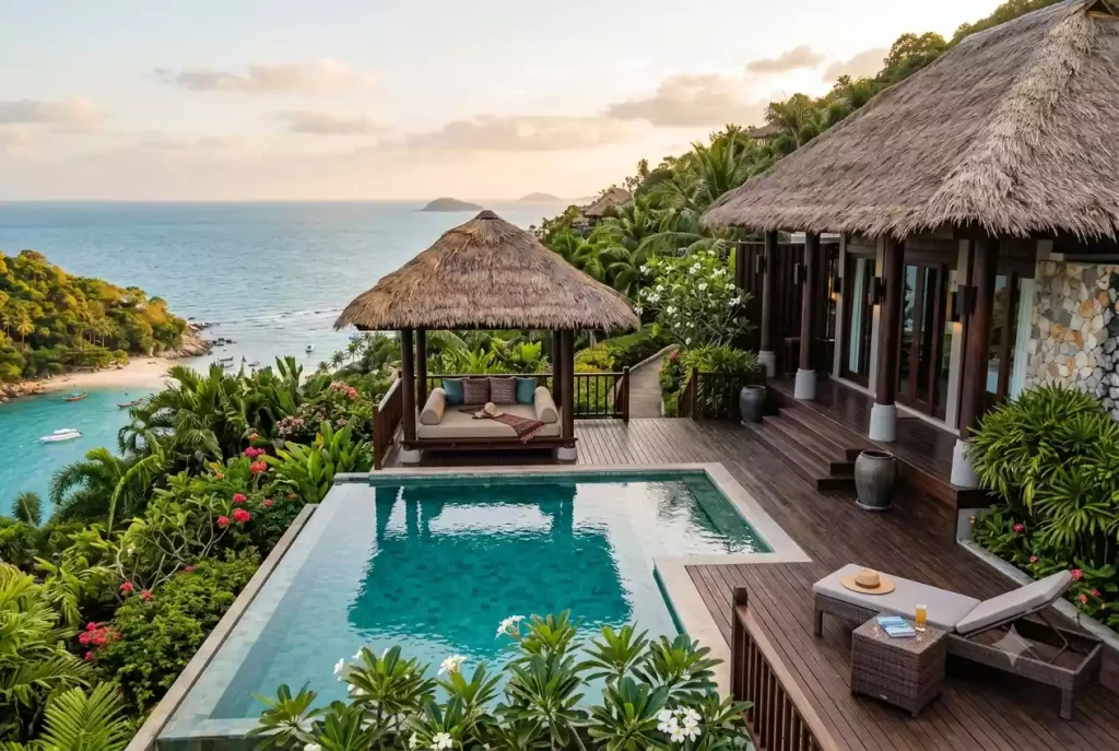 Private pool villa exterior with infinity pool at a Koh Samui luxury resort