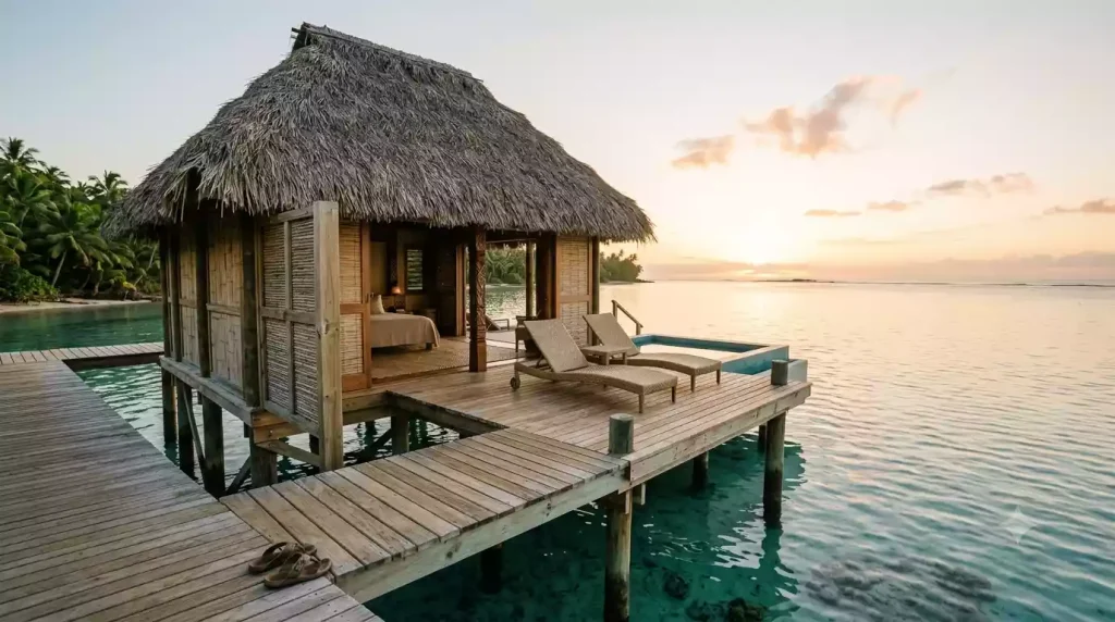 Traditional Fijian overwater bure at Kokomo Private Island with thatched roof above turquoise lagoon at sunrise