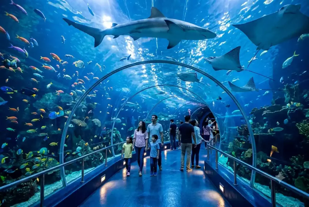 Underwater aquarium tunnel with sharks and tropical fish at a Dubai resort