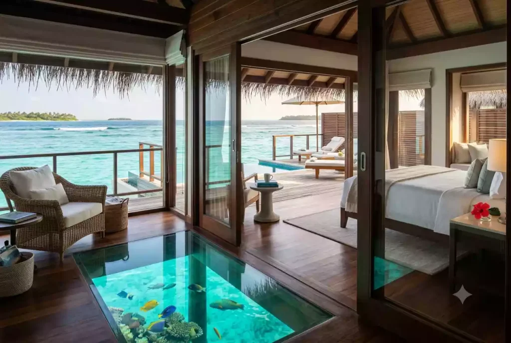 Overwater bungalow deck with glass floor panel and private plunge pool above a lagoon