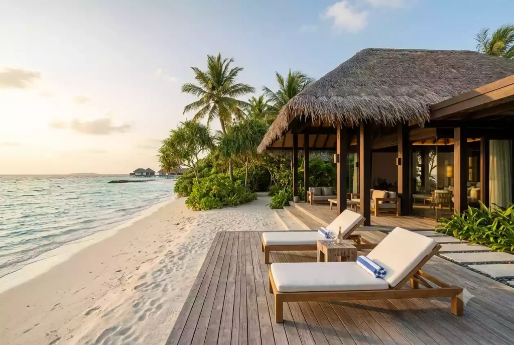 Beach villa exterior at a mid-range Maldives resort