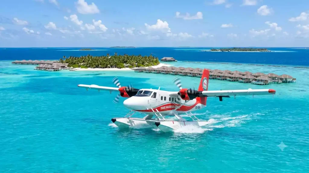 Seaplane transfer to a Maldives resort over turquoise water