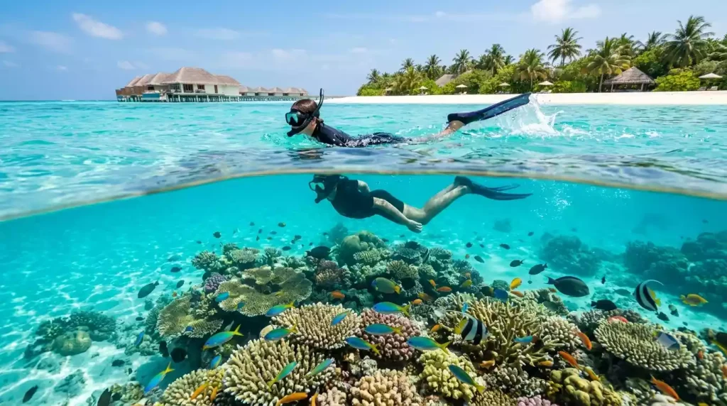 Snorkeler exploring a coral reef in the Maldives