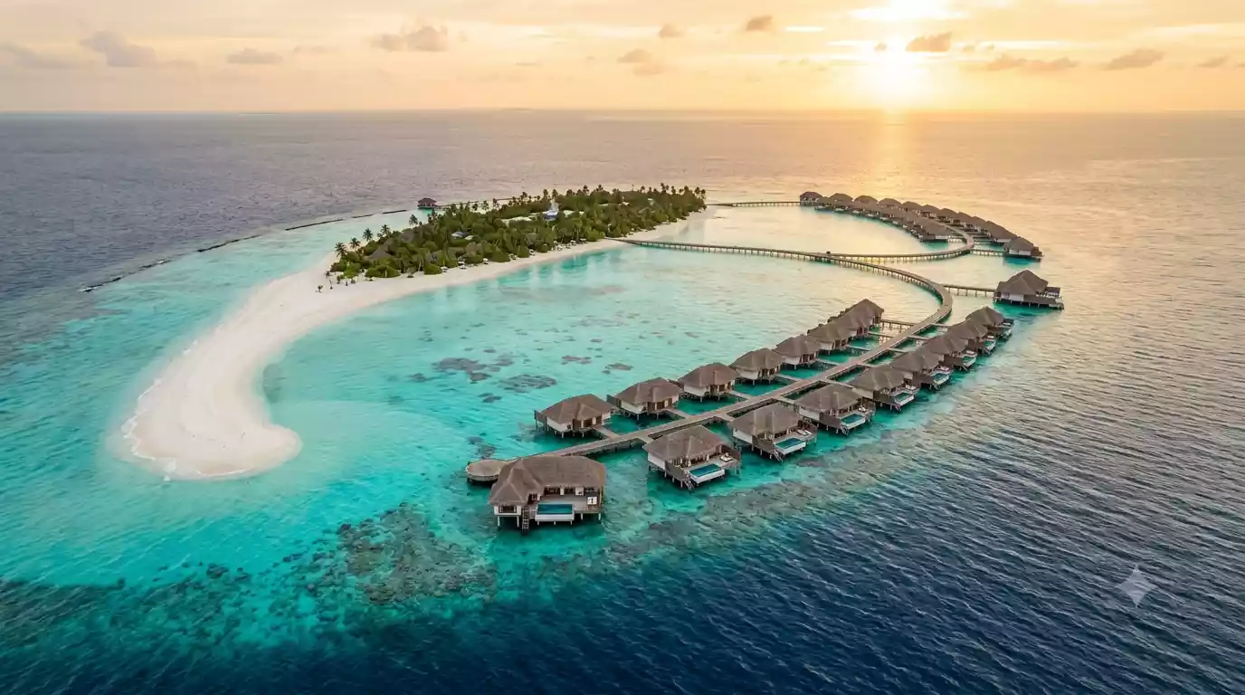 Aerial view of overwater villas and turquoise lagoon in the Maldives