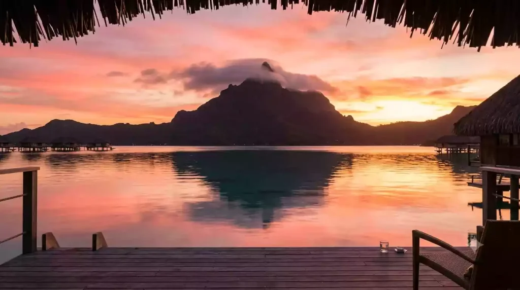 Mount Otemanu at sunrise seen from a Bora Bora overwater bungalow