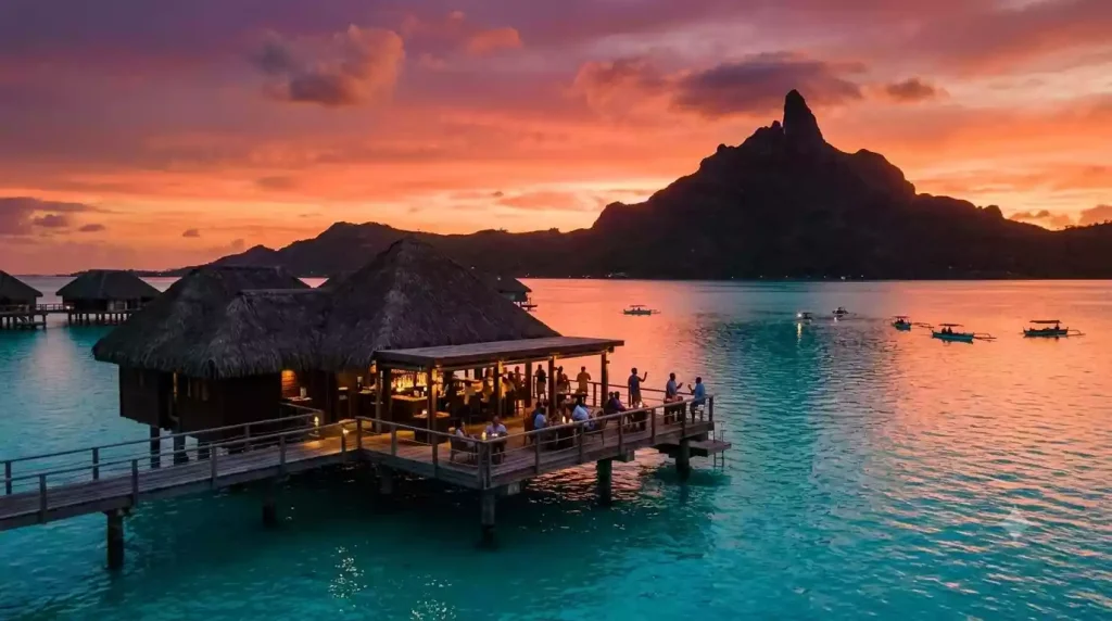 Overwater bar at sunset with Mount Otemanu in the background in Bora Bora