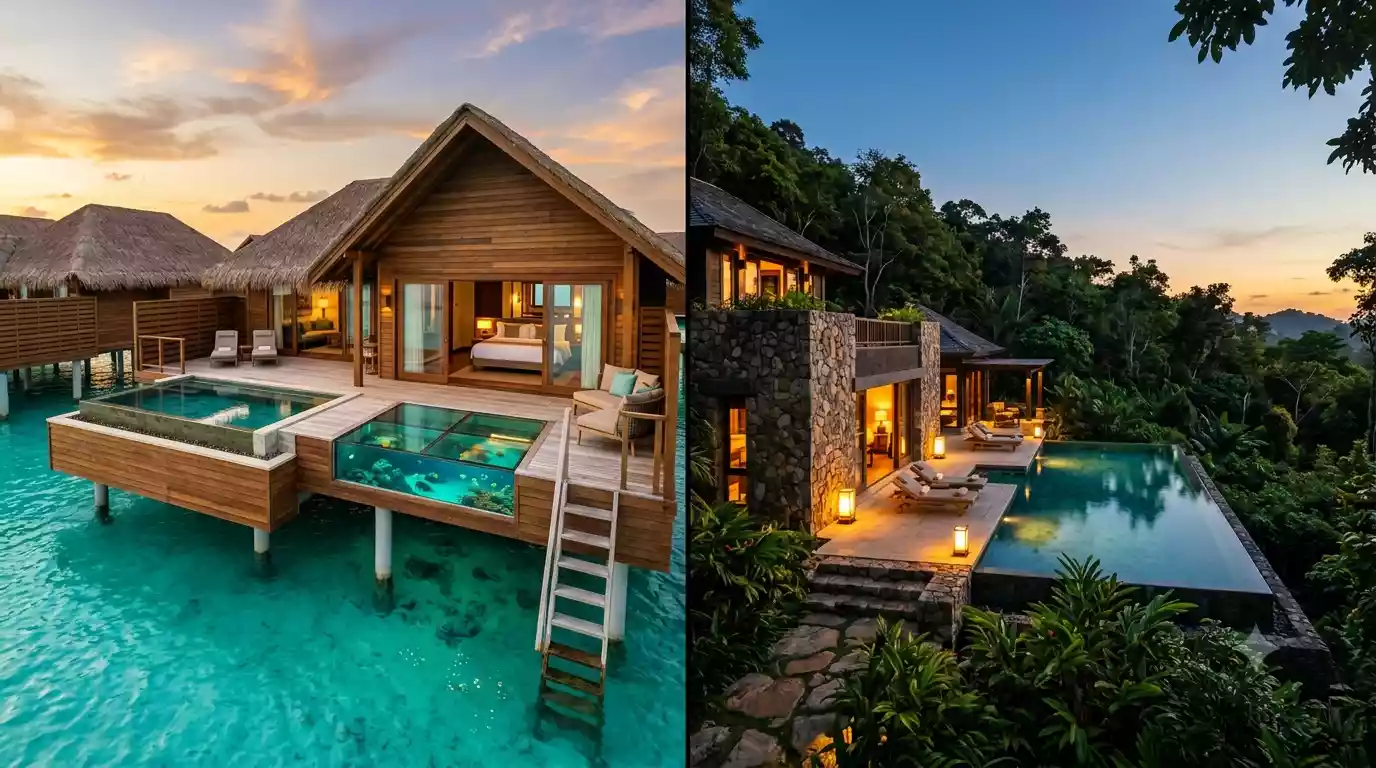 Split image comparing an overwater bungalow in a turquoise lagoon with a private jungle villa infinity pool