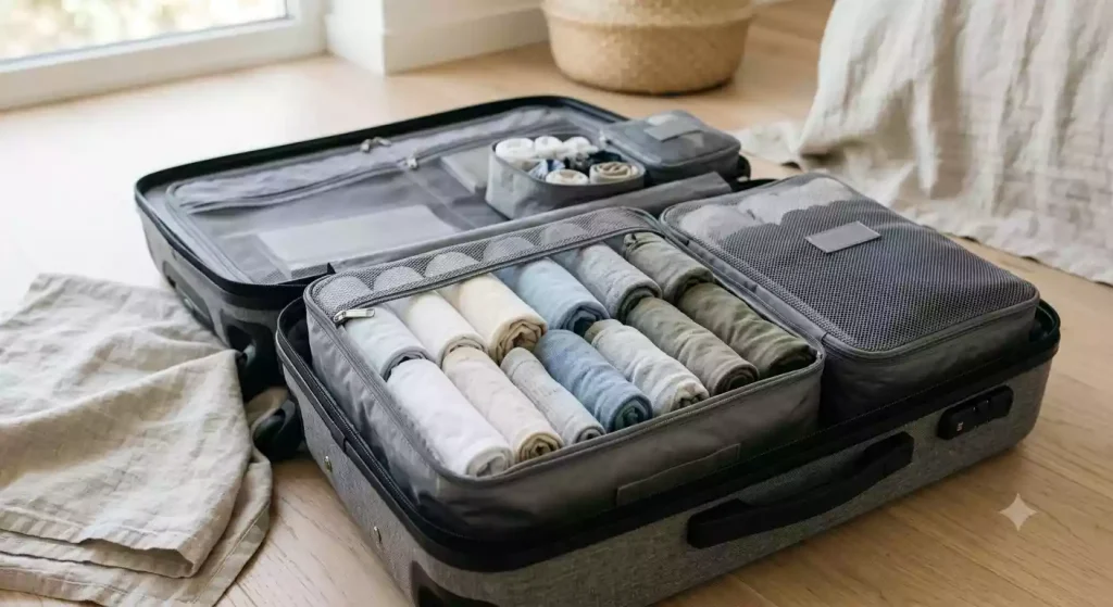 Rolled clothing organized in packing cubes for efficient travel packing