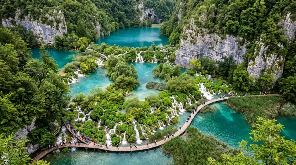 Terraced waterfalls and turquoise lakes at Plitvice Lakes National Park, Croatia