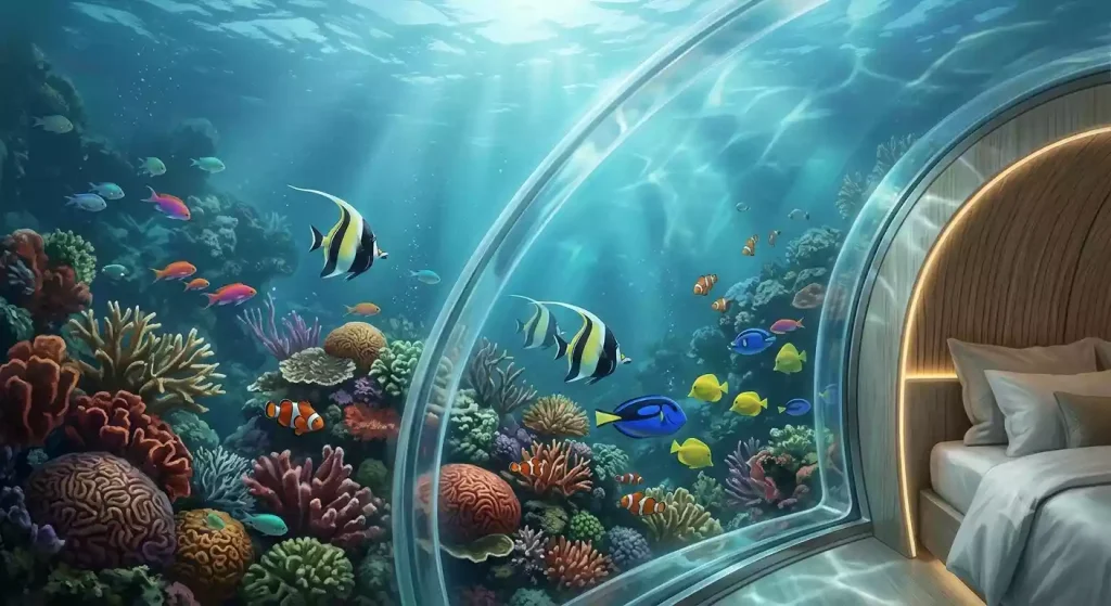 Transparent acrylic suite walls with marine views, Poseidon Undersea Resort concept