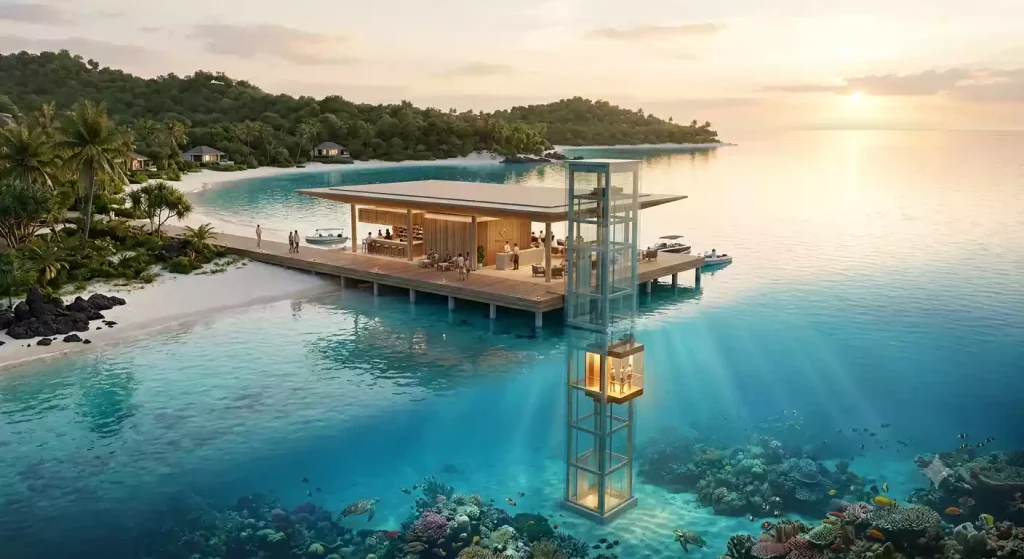Concept design of the surface pavilion and elevator access for Poseidon Undersea Resort